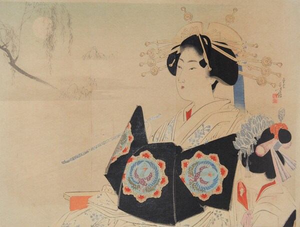 Oiran with Pipe and Her Kamuro by Toshikata, Woodblock Print