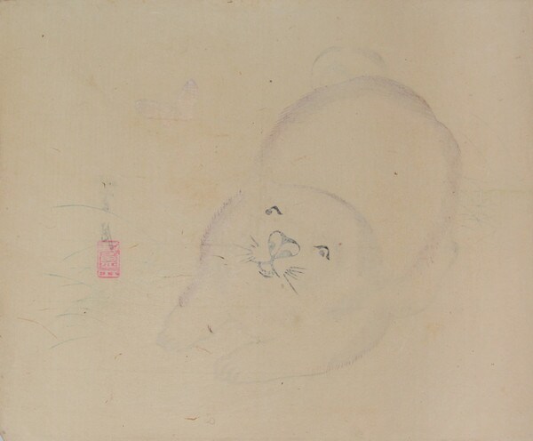 Puppy and Butterfly by Unsigned / Unknown Artist, Woodblock Print