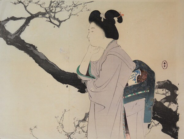 Bijin Viewing Plum Blossoms by Toshikata, Woodblock Print