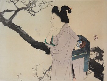 Bijin Viewing Plum Blossoms by Toshikata, Woodblock Print