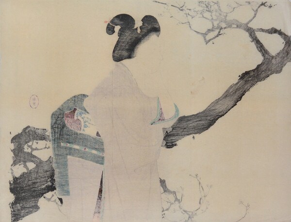 Bijin Viewing Plum Blossoms by Toshikata, Woodblock Print