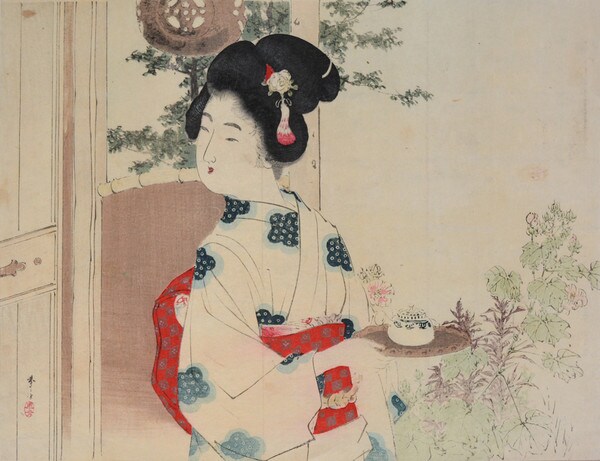 Young Girl Carrying a Tea Tray by Toshikata, Woodblock Print