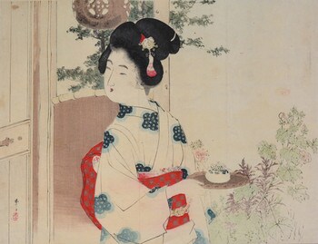 Young Girl Carrying a Tea Tray by Toshikata, Woodblock Print