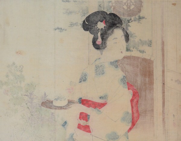 Young Girl Carrying a Tea Tray by Toshikata, Woodblock Print