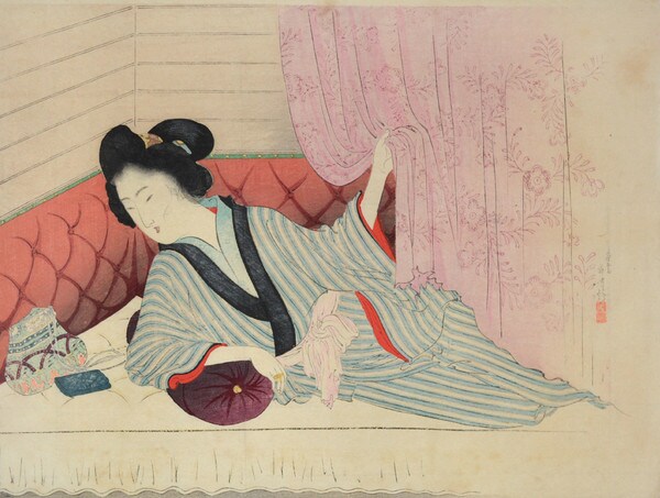 Bijin Lying on Westernstyle Bed by Toshikata, Woodblock Print
