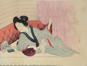 Bijin Lying on Westernstyle Bed by Toshikata, Woodblock Print