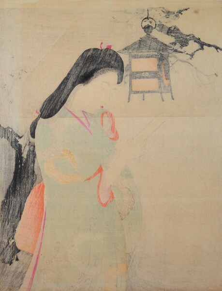 Bijin Reading a Poem Card by Toshikata, Woodblock Print