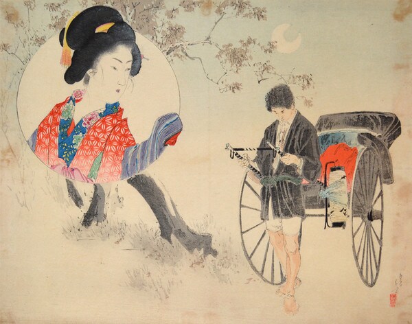 Rickshaw in Moonlit Night by Toshikata, Woodblock Print