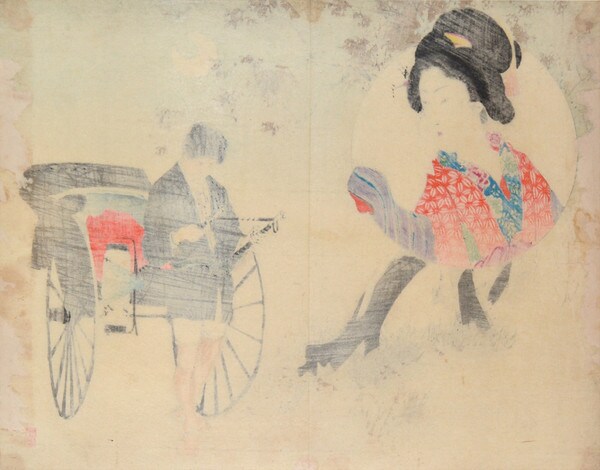 Rickshaw in Moonlit Night by Toshikata, Woodblock Print