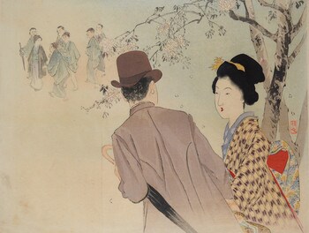 Couple Walking Under Cherry Blossoms by Takeuchi, Keishu, Woodblock Print