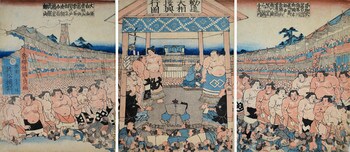 The Great Kanjin Sumo: High Ranking Sumo Wrestlers Line Up Towards the Ring by Hidematsu, Woodblock Print