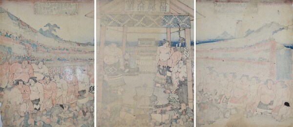 The Great Kanjin Sumo: High Ranking Sumo Wrestlers Line Up Towards the Ring by Hidematsu, Woodblock Print