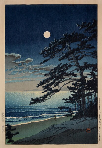 Spring Moon over Ninomiya Beach by Hasui, Woodblock Print
