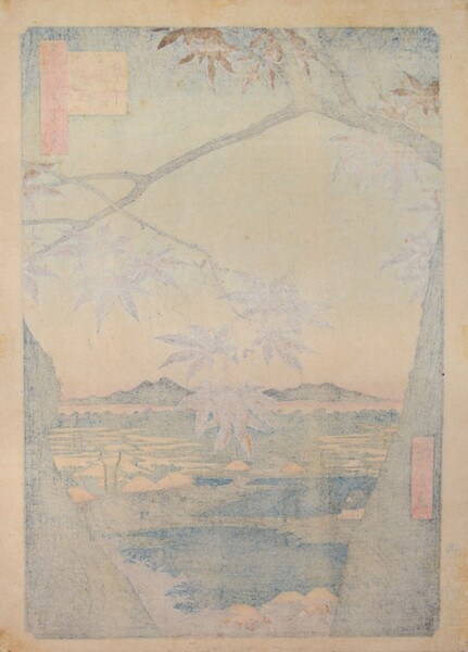 Maple Leaves at Mama and Tekona Shrine by Hiroshige, Woodblock Print