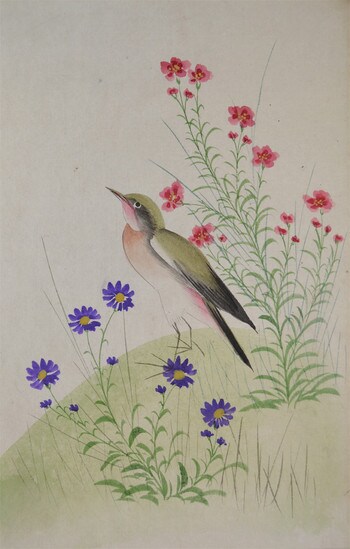 Japanese Bush Warbler and Wild Flowers by Unsigned / Unknown Artist, Painting