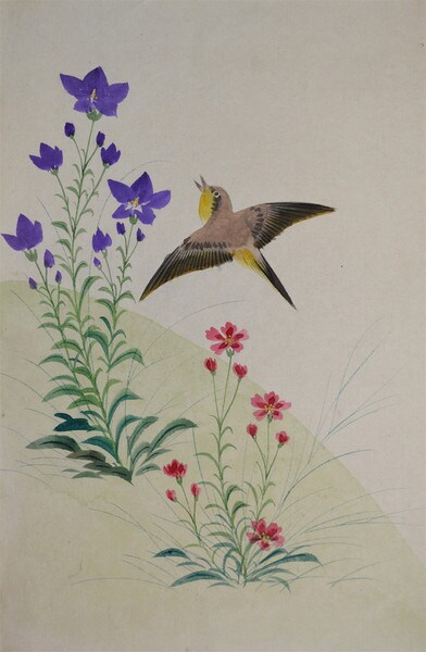 Sparrow, Blue Bellflower and Pink by Unsigned / Unknown Artist, Painting