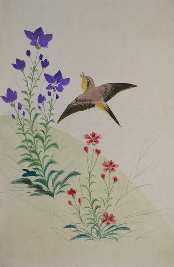 Sparrow, Blue Bellflower and Pink by Unsigned / Unknown Artist, Painting