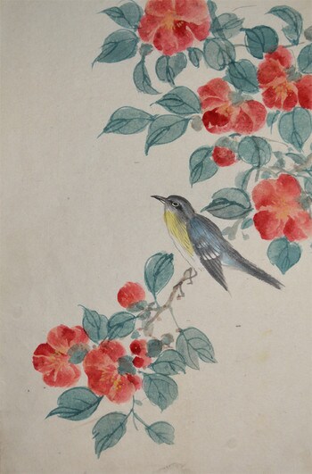 Japanese WhiteEye and Red Flowers by Unsigned / Unknown Artist, Painting