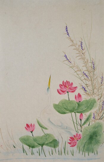 Heron and Lotus Flowers by Unsigned / Unknown Artist, Painting