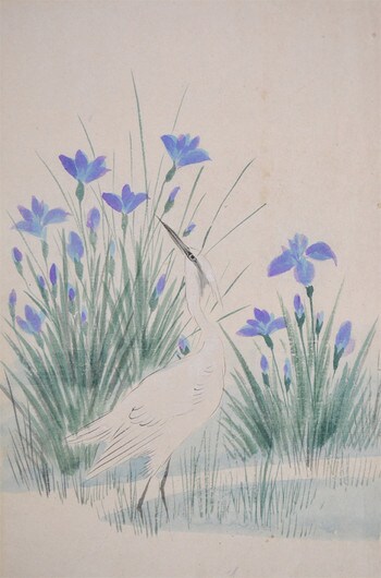 White Heron Among Iris Flowers by Unsigned / Unknown Artist, Painting