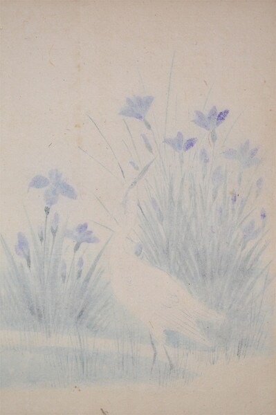 White Heron Among Iris Flowers by Unsigned / Unknown Artist, Painting