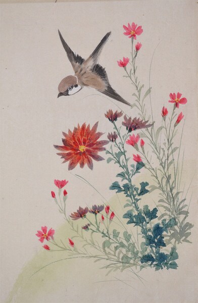 Sparrow Flying over Pink by Unsigned / Unknown Artist, Painting