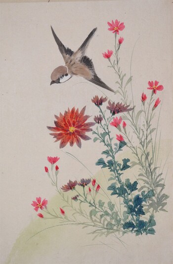 Sparrow Flying over Pink by Unsigned / Unknown Artist, Painting
