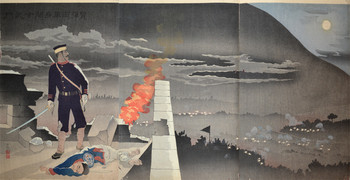 Alone, He Opened the Gate of Hyonmu Gate (Genbumon) in the Shower of Bullets by Kiyochika, Woodblock Print
