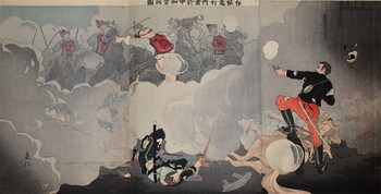 Heroic Fight of the Scout Lt. Takenouchi at ChungHua by Beisaku, Woodblock Print