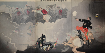 Heroic Fight of the Scout Lt. Takenouchi at ChungHua by Beisaku, Woodblock Print