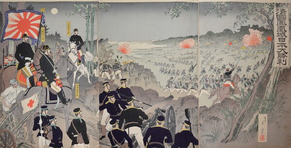 Japanese Great Victory Over Phoenix Castle by Yoshikage II, Woodblock Print