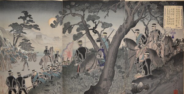 Cavalry Scouting the Battery at Port Arthur from Tucheng, Woodblock Print