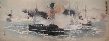 Picture of the Naval Battle Capturing Haiyang Island (Kaiyoto) by Gekko, Woodblock Print