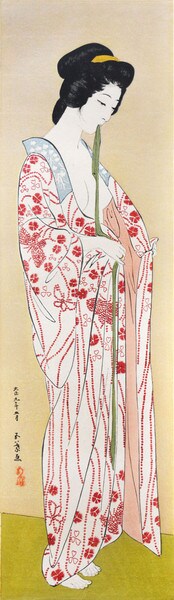 Woman with Sash in Nagajuban by Goyo, Woodblock Print
