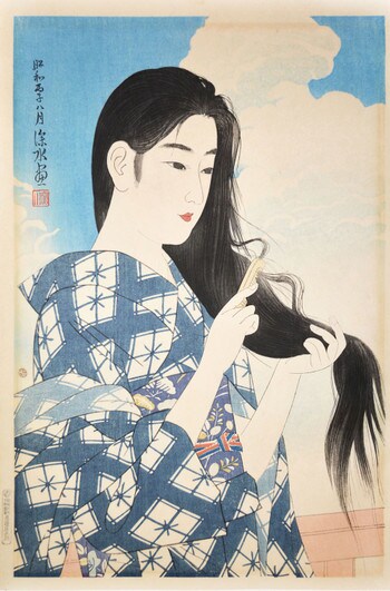 After Washing Her Hair by Shinsui, Woodblock Print