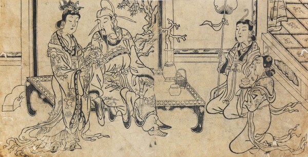 The Emperor Xuanzong and Yang Guifei by Moronobu, Woodblock Print