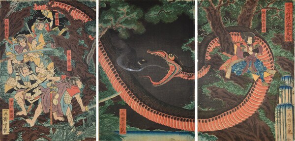 The Giant Serpent: Yorimitsu Destroying Hakamadare Yasusuke's Magic by Yoshitsuya, Woodblock Print