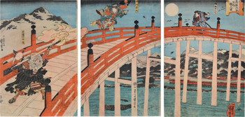 Ushiwakamaru and Benkei on Gojo Bridge by Kuniyoshi, Woodblock Print