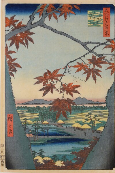 Maple Trees at Mama by Hiroshige, Woodblock Print