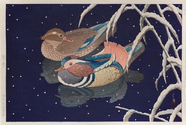 Mandarin Ducks in Snow by Hasui, Woodblock Print