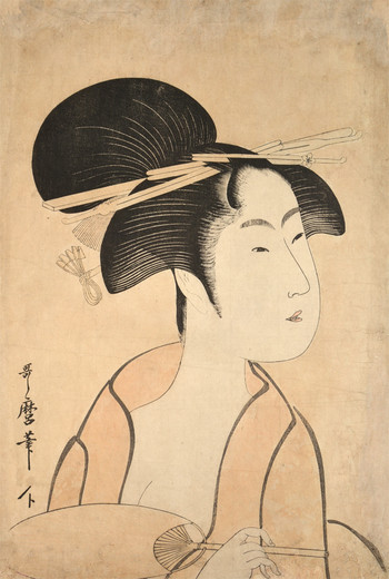 Beauty Holding a Fan by Utamaro, Woodblock Print