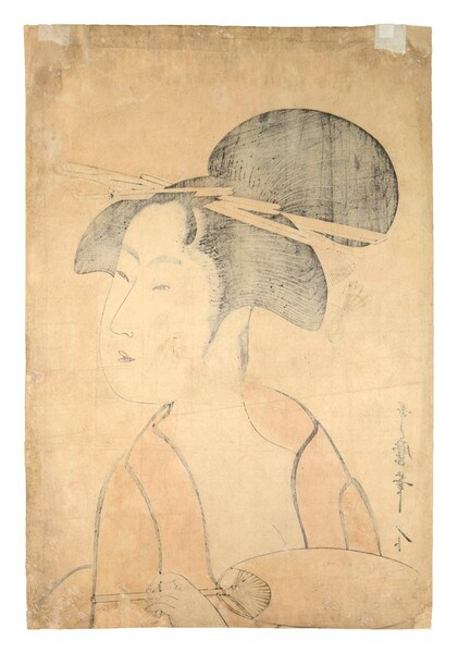 Beauty Holding a Fan by Utamaro, Woodblock Print