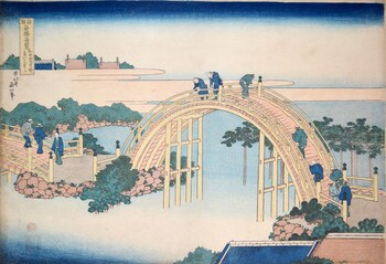 The Drum Bridge at Kameido Tenjin Shrine by Hokusai, Woodblock Print