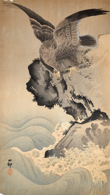 Eagle on Rocky Shore by Koson, Woodblock Print