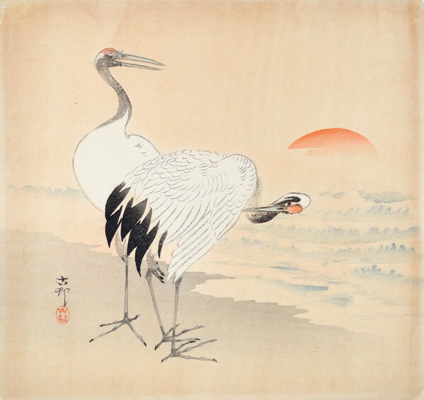 Two Japanese Cranes on Beach with Rising Sun by Koson, Woodblock Print
