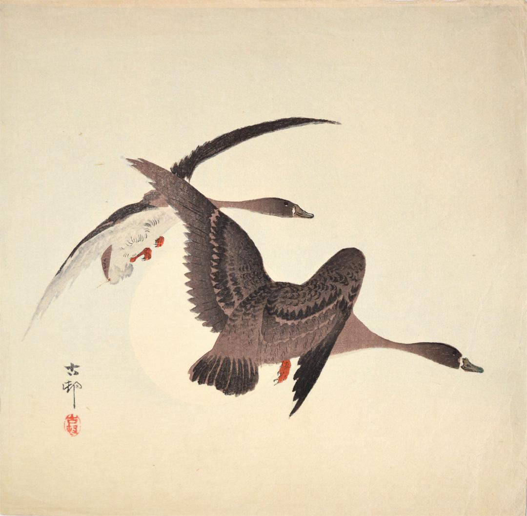 Two White-fronted Geese in Flight and Full Moon | Koson | Ronin