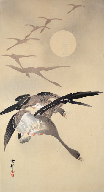 Eight WhiteFronted Geese in Flight, a Full Moon Behind by Koson, Woodblock Print