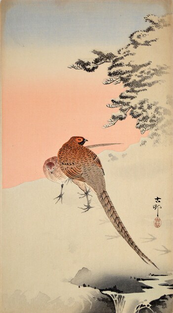 A Couple of Pheasants in the Snow by Koson, Woodblock Print