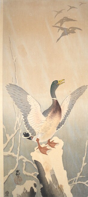 Mallard on Stump by Koson, Woodblock Print