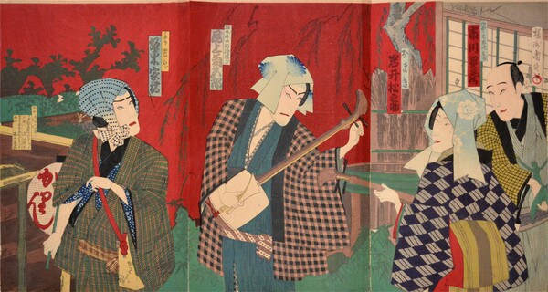 Kabuki Play: Onoe Kikugoro as Bonji no Kiyojiro and Iwai Matsunosuke as Omaki by Chikanobu, Woodblock Print